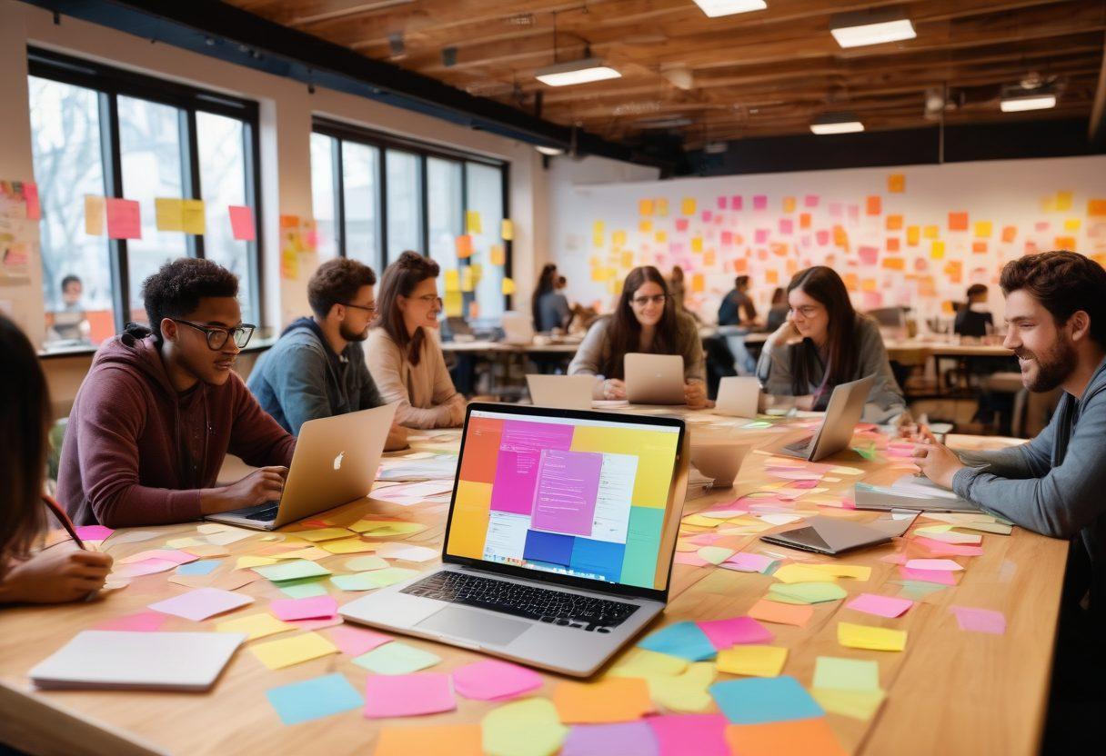 A lively digital community hub featuring diverse people engaging in discussions, brainstorming ideas, and sharing creative content. Include colorful sticky notes, laptops open to vibrant blogs, and a warm, inviting atmosphere that encourages interaction. Surround with icons representing different content strategies like videos, podcasts, and social media. Emphasize collaboration and connection among individuals. bright colors. hyper-realistic.