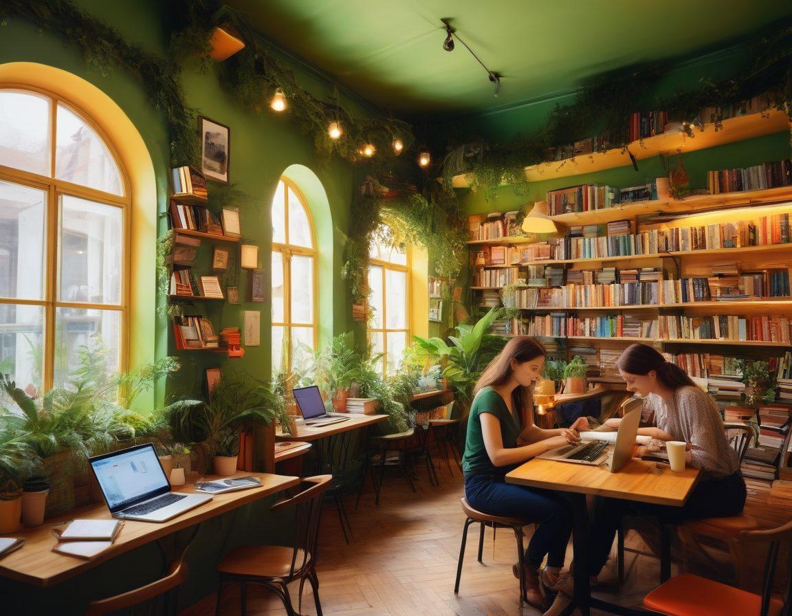A diverse group of people typing on laptops in a cozy café, surrounded by colorful books and plants, symbolizing collaboration and creativity in digital publishing. A visual flow of blog articles and guest contributions swirling in the air, connecting them. Warm lighting and an inviting atmosphere to highlight the personal touch of blogging. super-realistic. vibrant colors. cozy atmosphere.